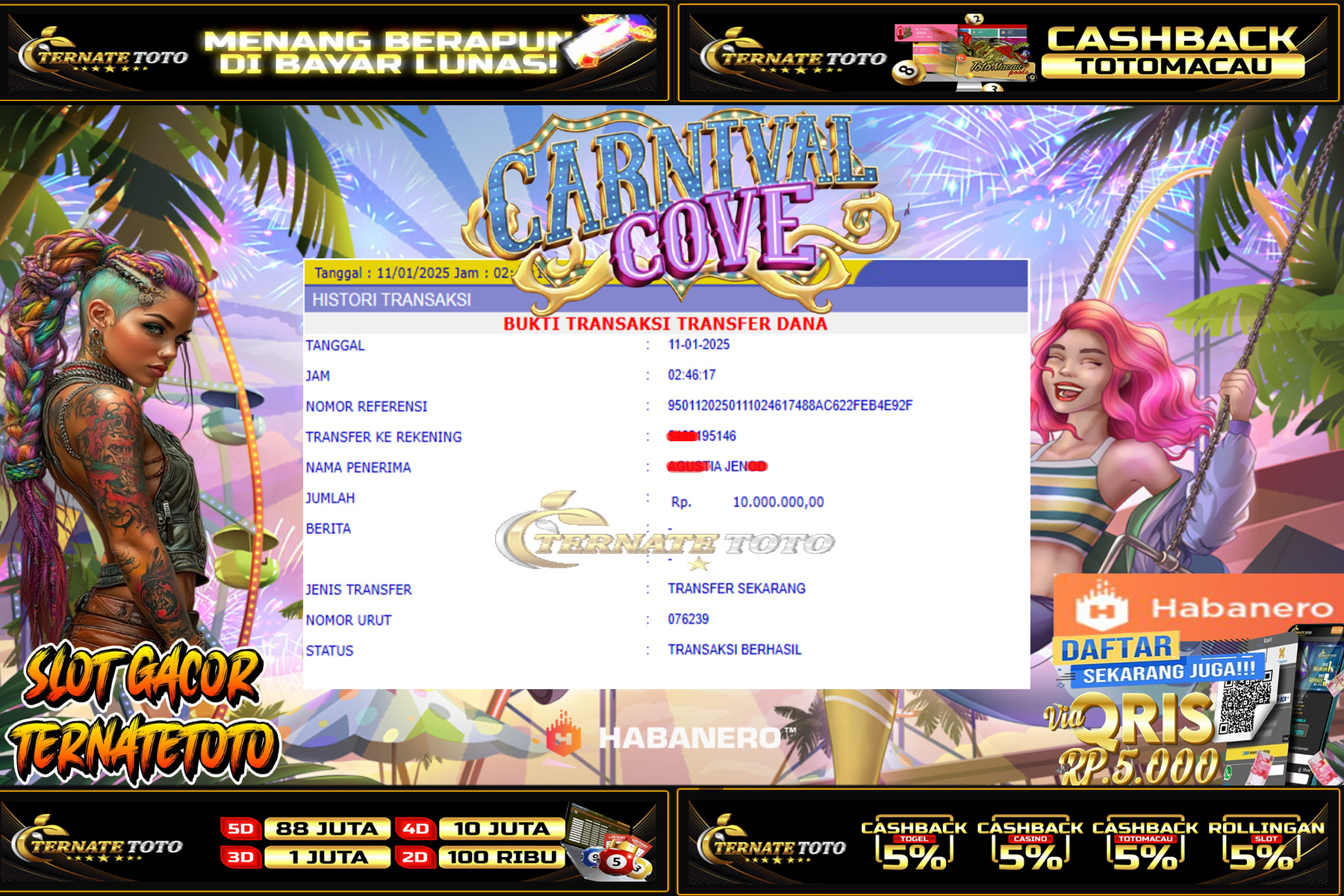 TERNATETOTO - JACKPOT SLOT CARNIVAL COVE Rp. 10,000,000,-